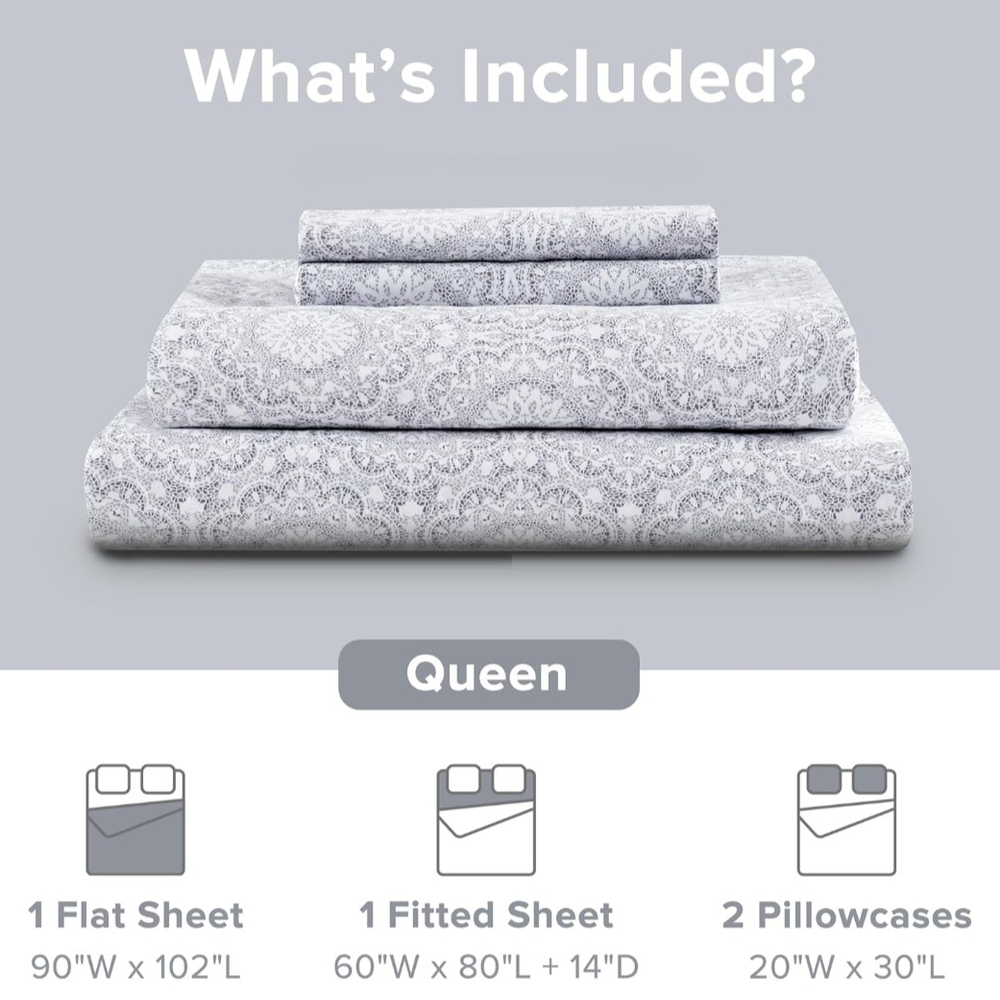 100% Luxury Soft Cotton - Patterned Queen Sheet Set in Gray